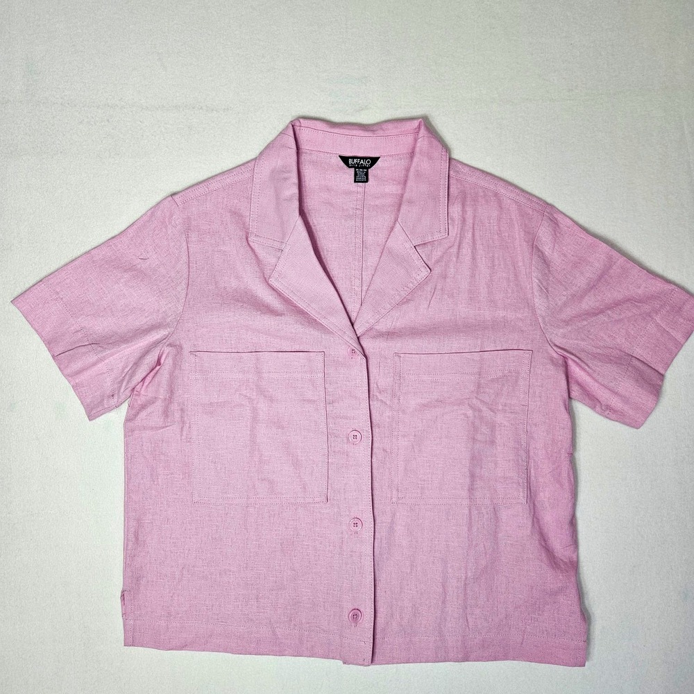 Buffalo David Bitton Women’s Pink Solid Collared Short Sleeve Woven Button-Up M